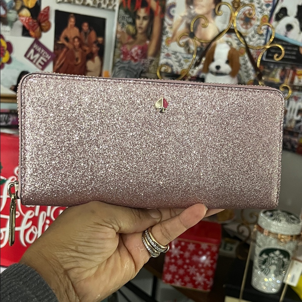 kate spade Glitter Pink Zip-Around Wallet in Rose